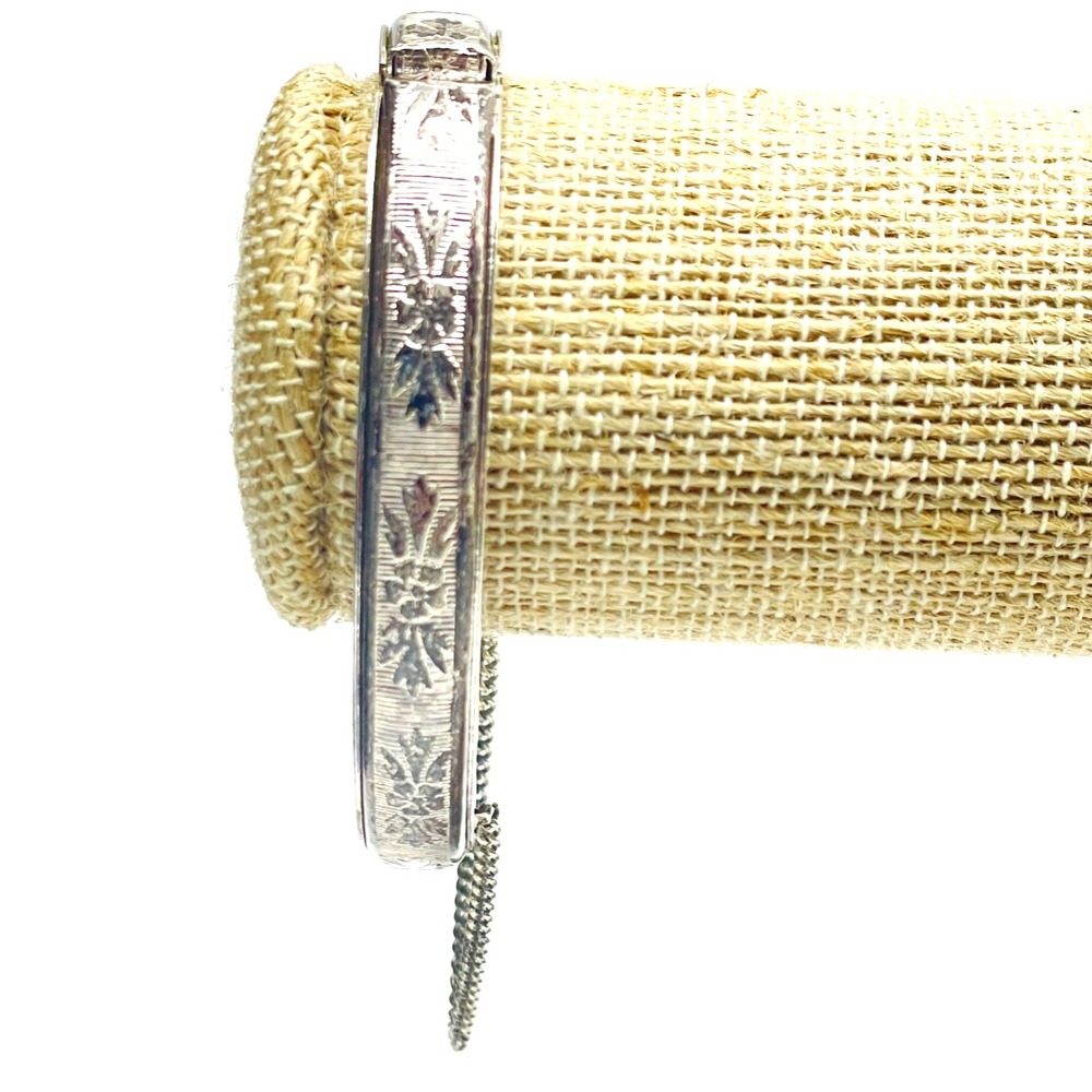 Vintage Hinged Clamper Bracelet Silver Tone  Etched Floral Scroll Cuff Jewelry